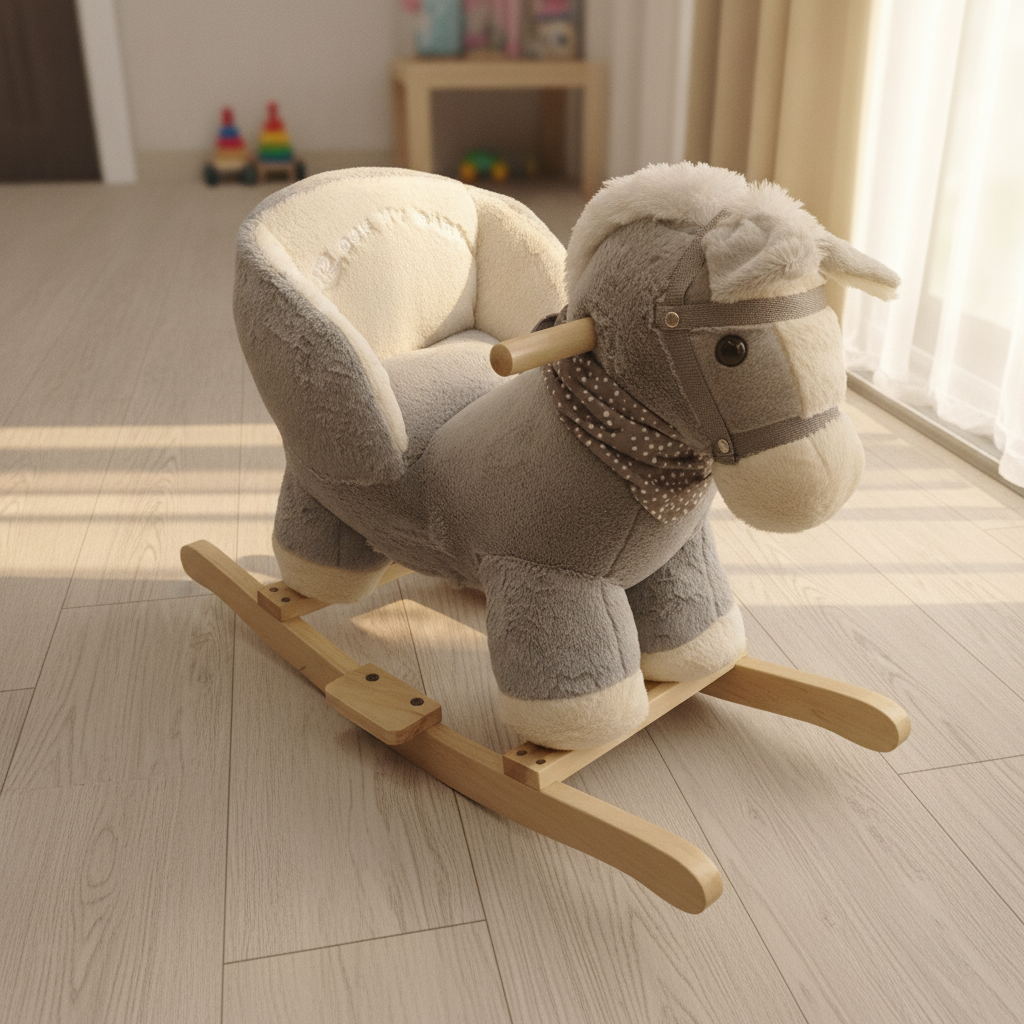 Grey Plush Rocking Horse with Supportive Seat