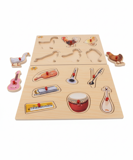 TOY FUN Wooden Peg Puzzles: Farm Animals & Musical Instruments (Set of 2)