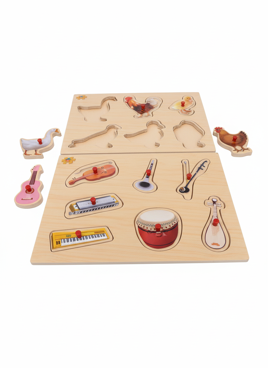 TOY FUN Wooden Peg Puzzles: Farm Animals & Musical Instruments (Set of 2)