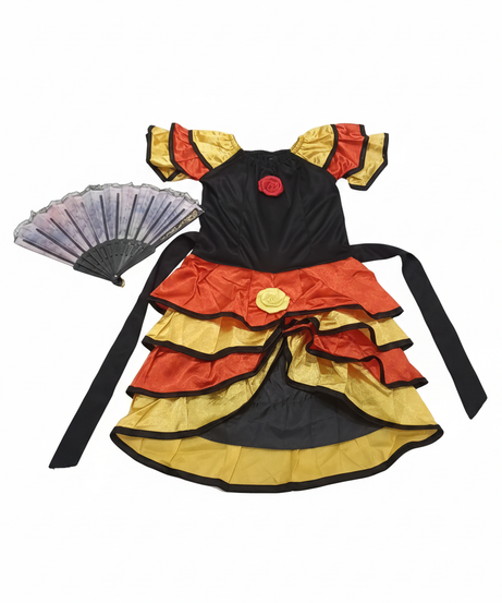 Vibrant Ruffled Dress-Up Spanish Girl Costume with Fan Accessory