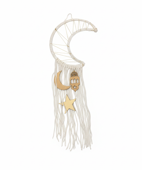 Macrame Crescent Moon Wall Decor with Star & Lantern Charms