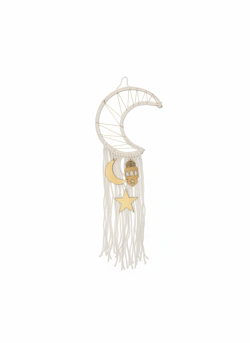 Macrame Crescent Moon Wall Decor with Star & Lantern Charms