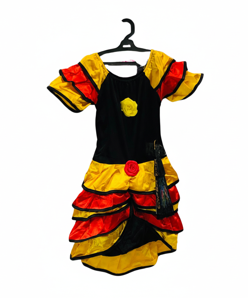 Vibrant Ruffled Dress-Up Spanish Girl Costume with Fan Accessory