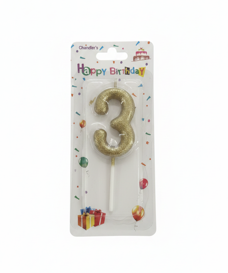 Chandler's Happy Birthday Gold Glitter Number 3 Candle