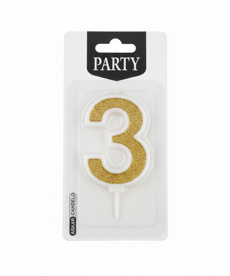 ASKAR CANDELD Party Gold Glitter Number 3 Birthday Candle