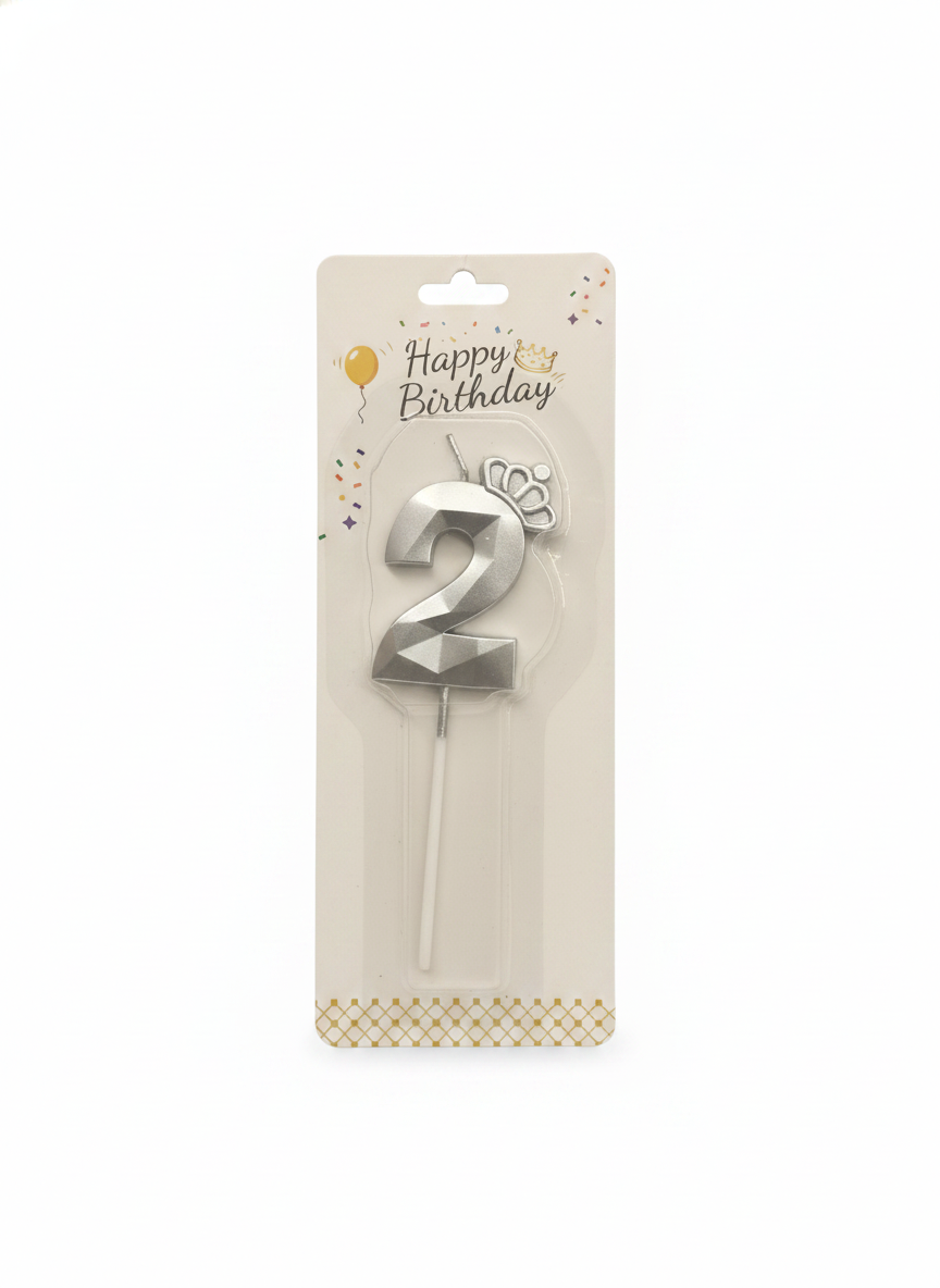 Happy Birthday Silver Crown Number 2 Candle