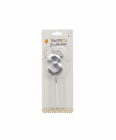 Happy Birthday Silver Number 3 Crown Candle