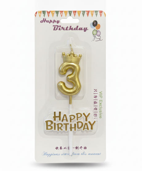 Happy Birthday Gold Number 3 Crown Candle & Topper Set