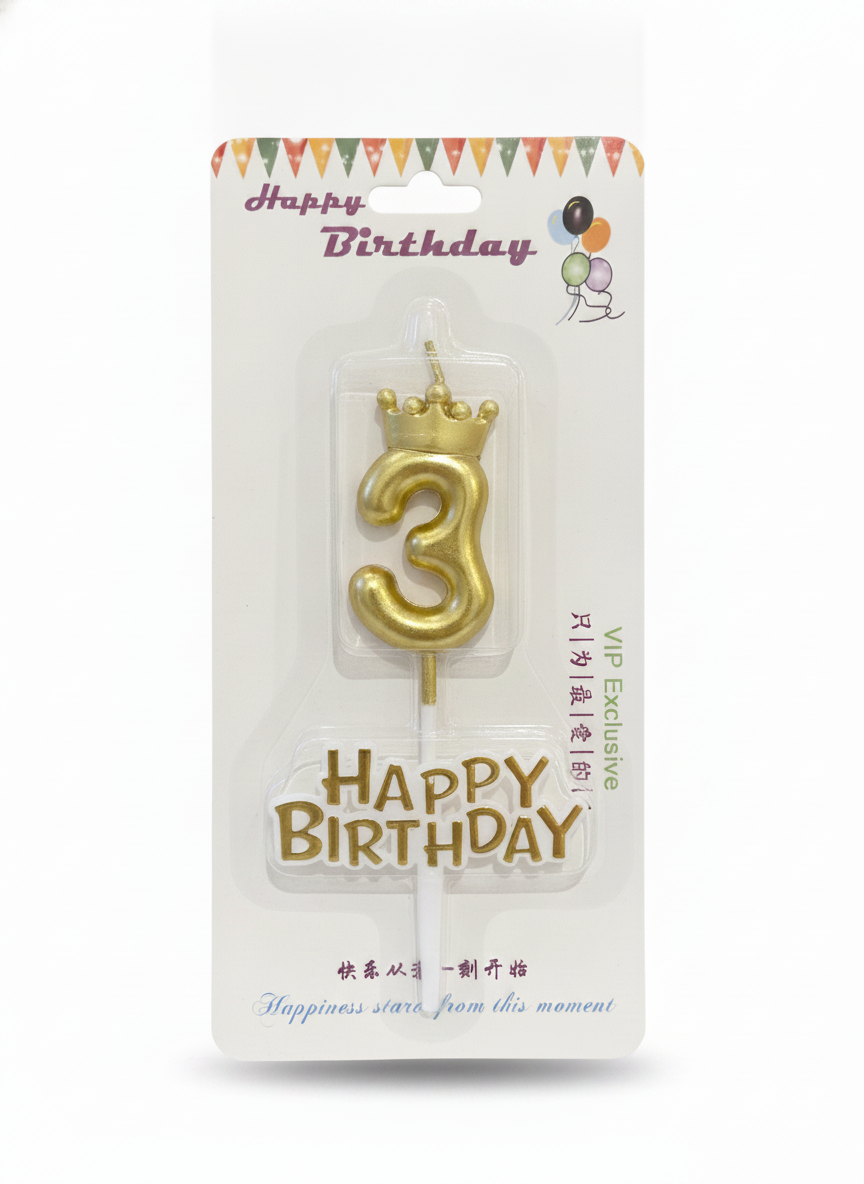Happy Birthday Gold Number 3 Crown Candle & Topper Set