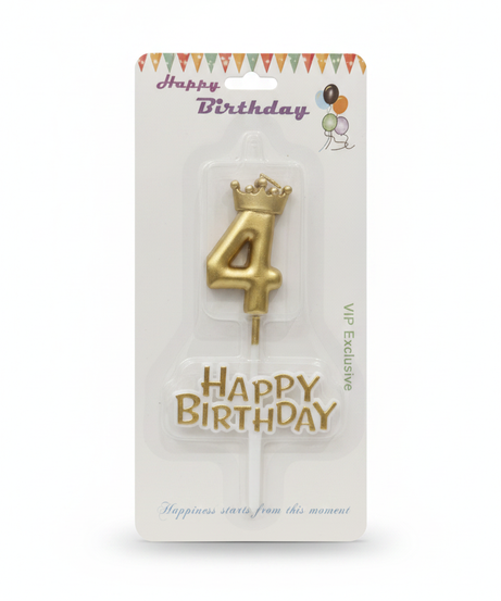 Happy Birthday Gold Number 4 Crown Candle & Topper Set