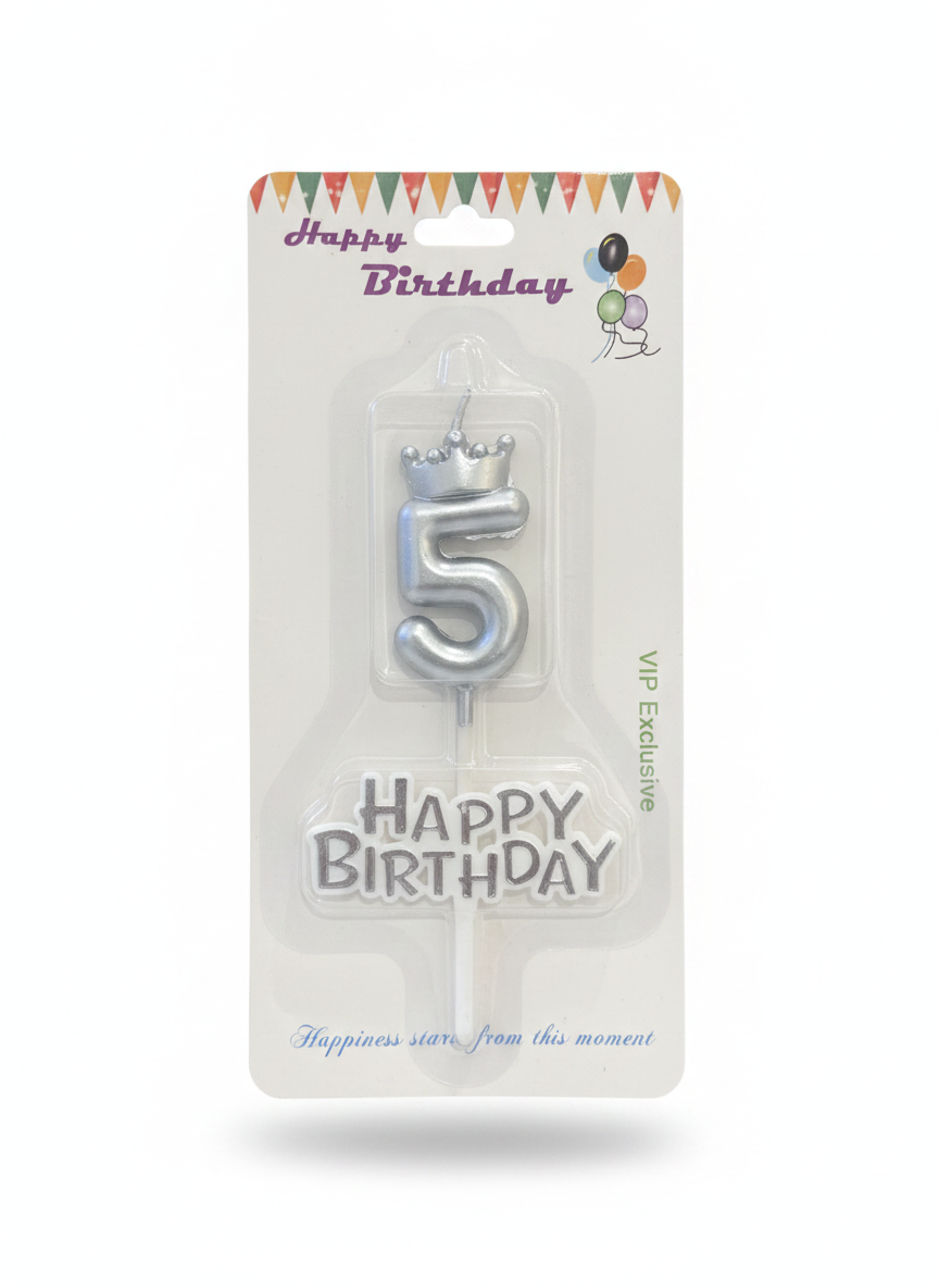 Happy Birthday Gold Number 5 Candle with Crown & Message