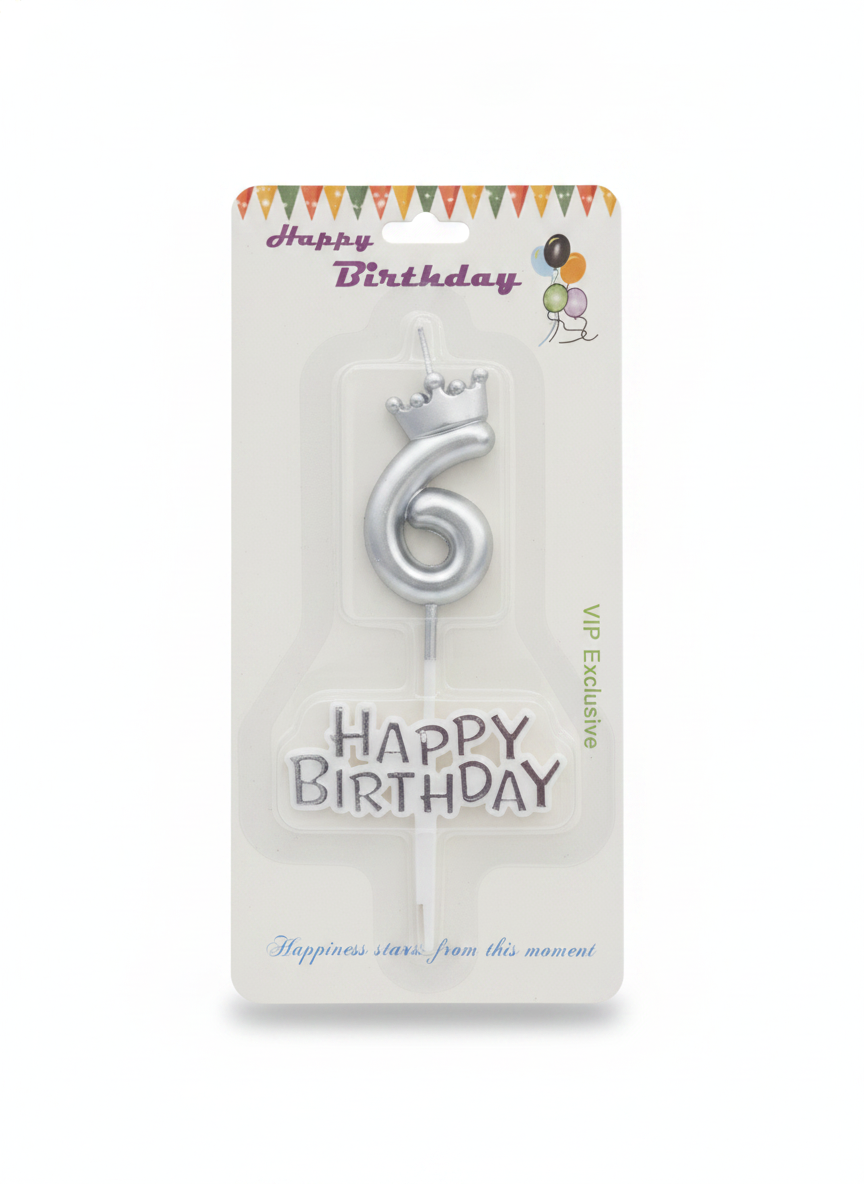 Gold Crown Number 6 Birthday Candle with Happy Birthday Topper