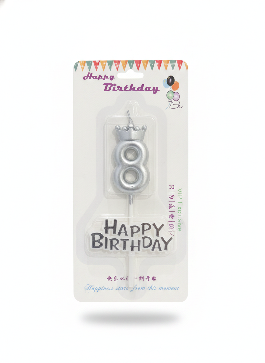 Happy Birthday Gold Crown Number 8 & Text Cake Candles Set