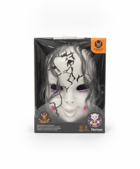 Creepy Cracked Doll Face Mask with White Hair