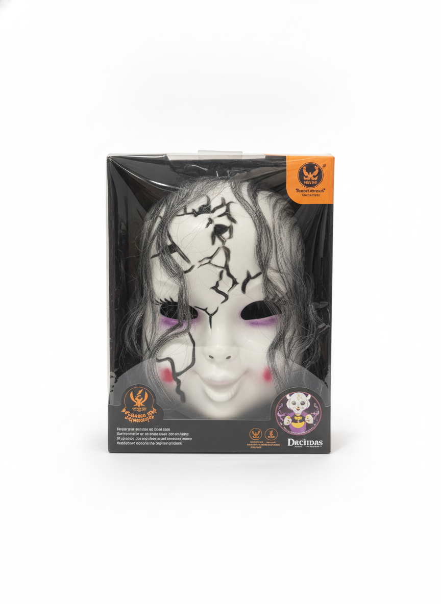 Creepy Cracked Doll Face Mask with White Hair