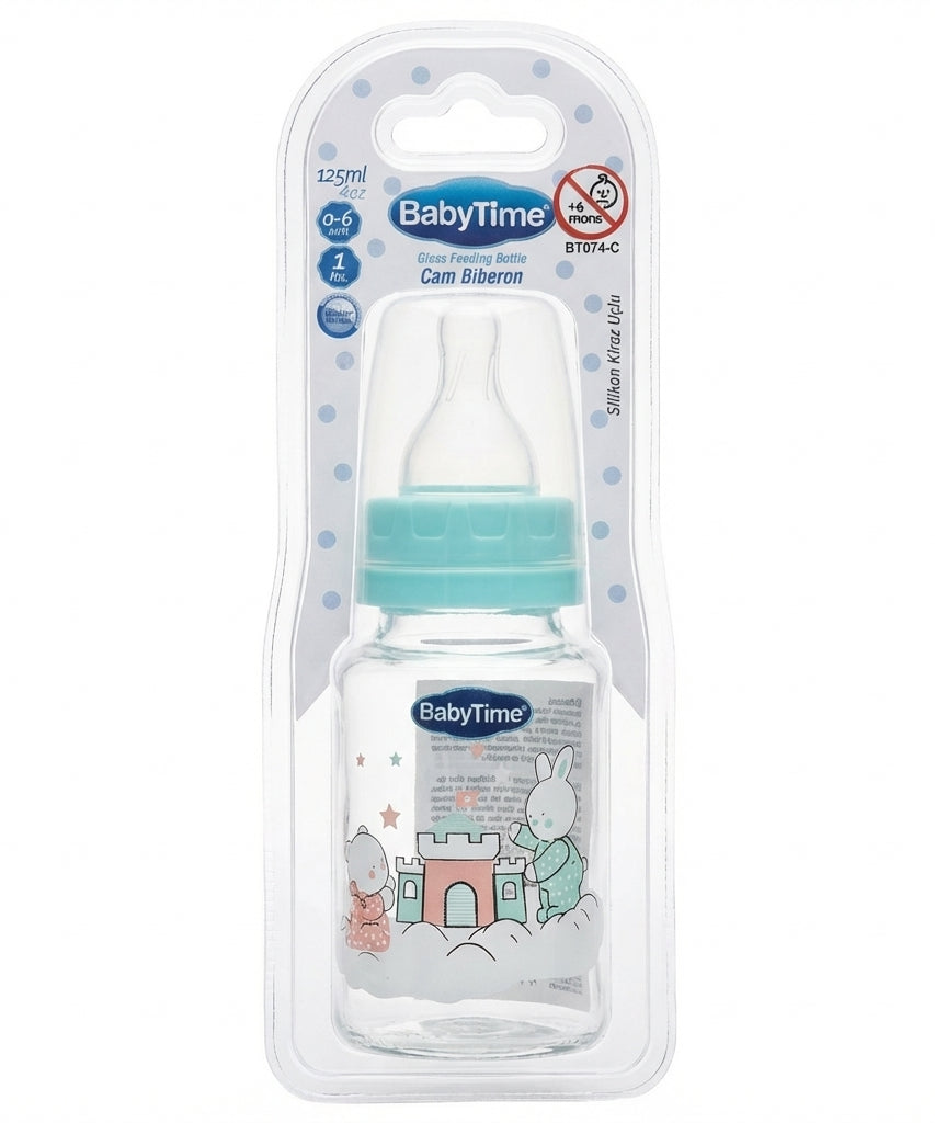 BabyTime Glass Feeding Bottle with Silicone Cherry Nipple, 125ml (0-6 Months)