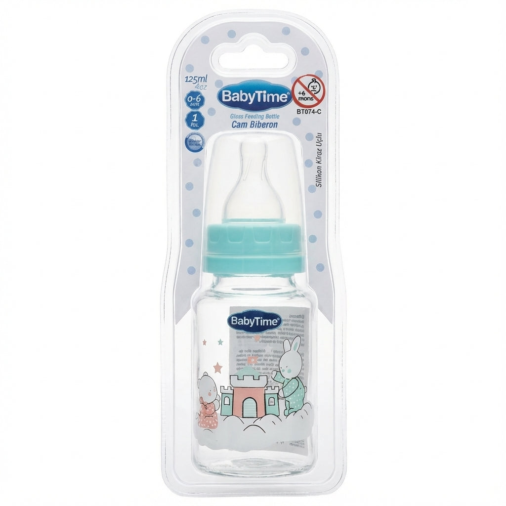 BabyTime Glass Feeding Bottle with Silicone Cherry Nipple, 125ml (0-6 Months)