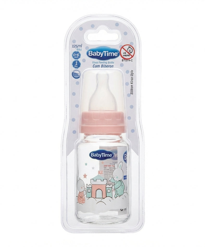 BabyTime Glass Feeding Bottle with Silicone Cherry Nipple, 125ml (0-6 Months)