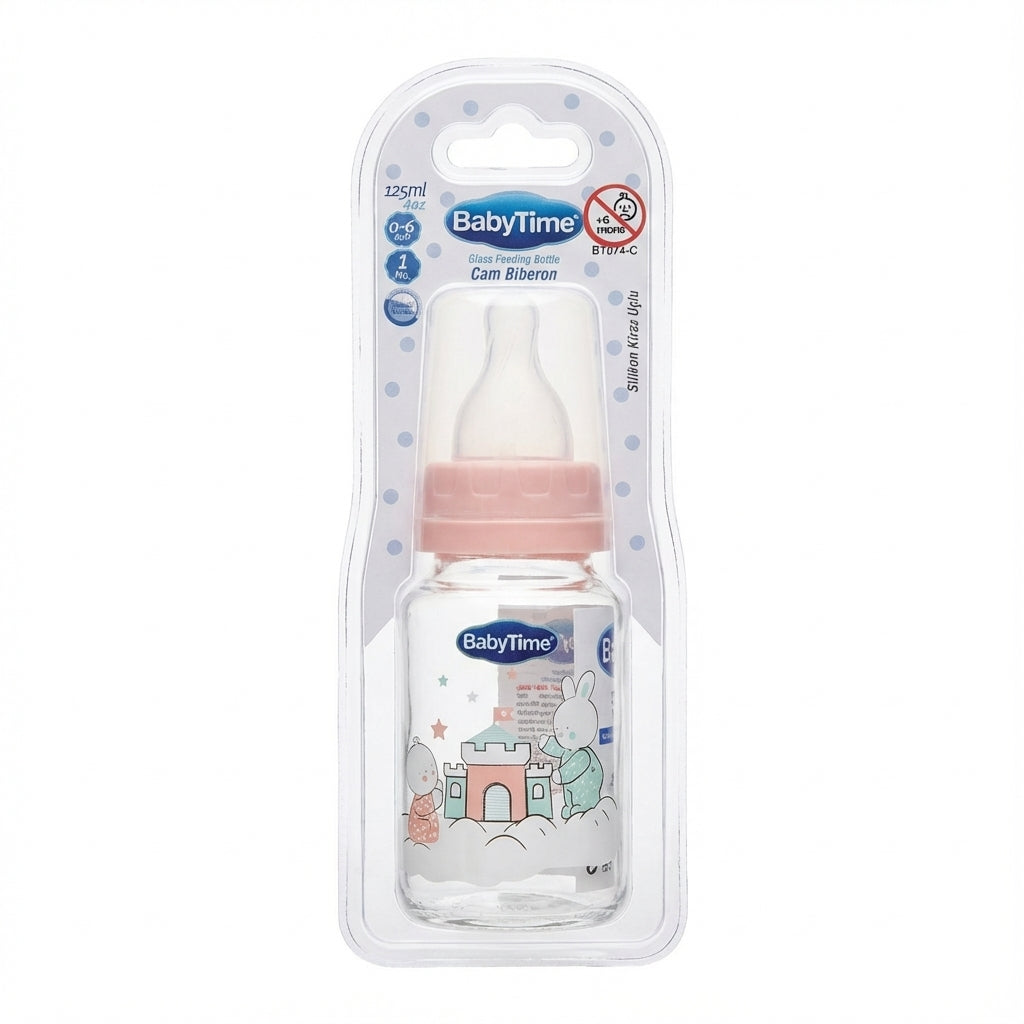 BabyTime Glass Feeding Bottle with Silicone Cherry Nipple, 125ml (0-6 Months)