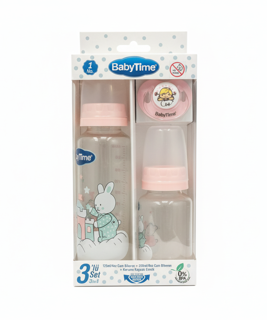 BabyTime 3-in-1 Glass Feeding Bottle and Pacifier Set