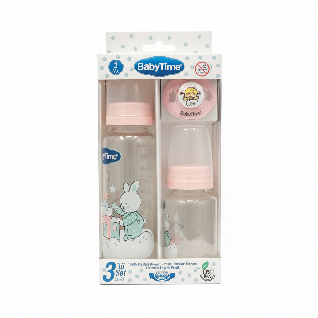 BabyTime 3-in-1 Glass Feeding Bottle and Pacifier Set