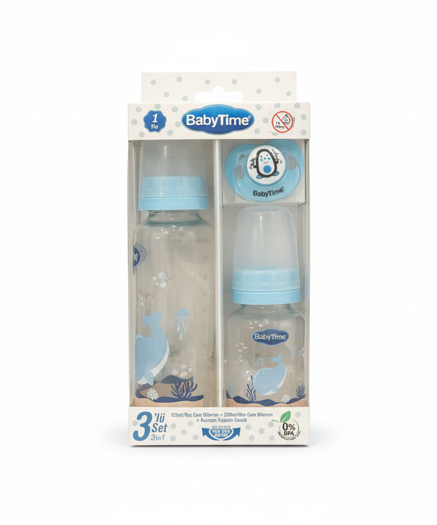 BabyTime 3-in-1 Glass Feeding Bottle and Pacifier Set